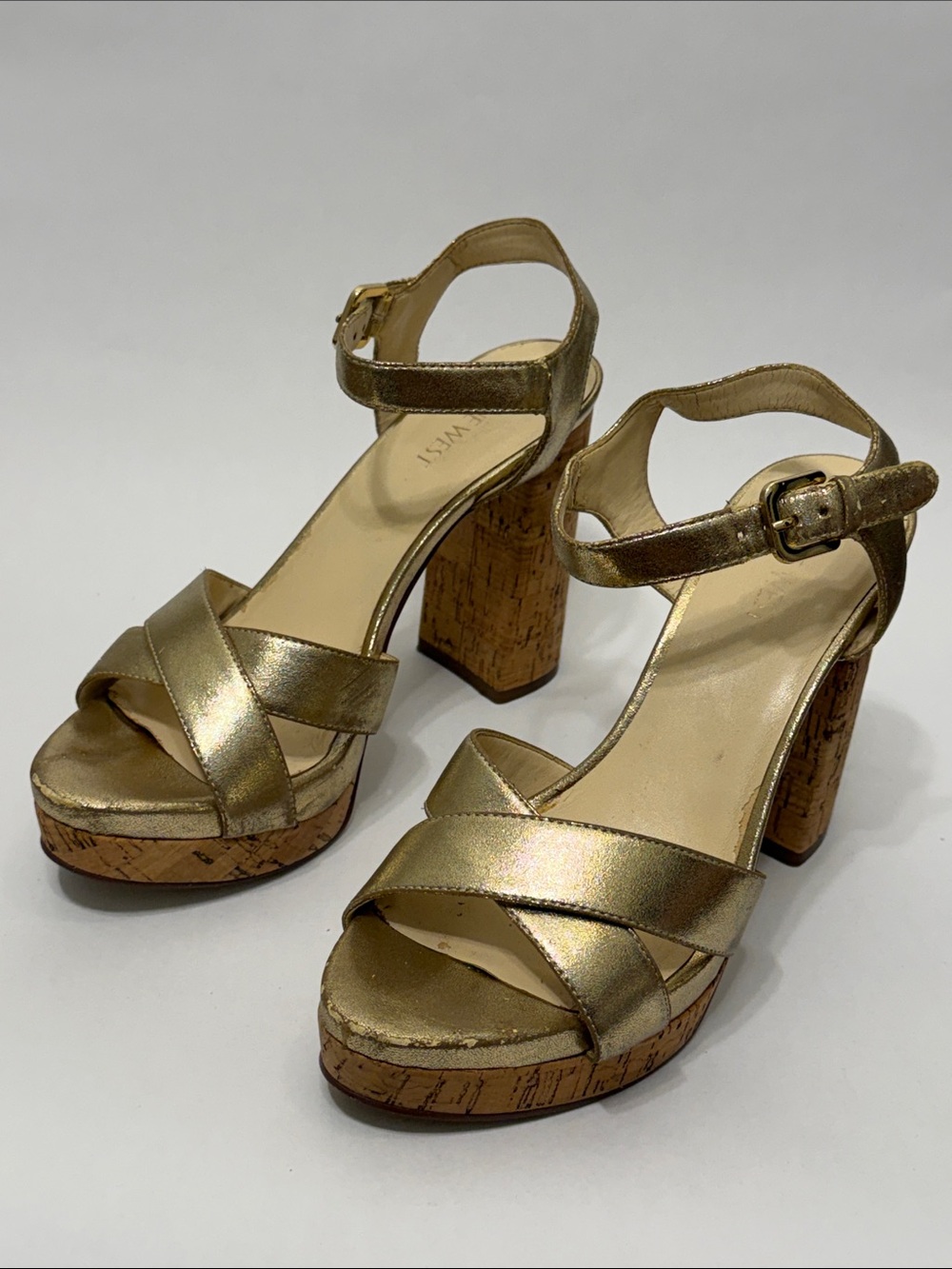 Gold Cork Block Heel Sandals with Ankle Strap